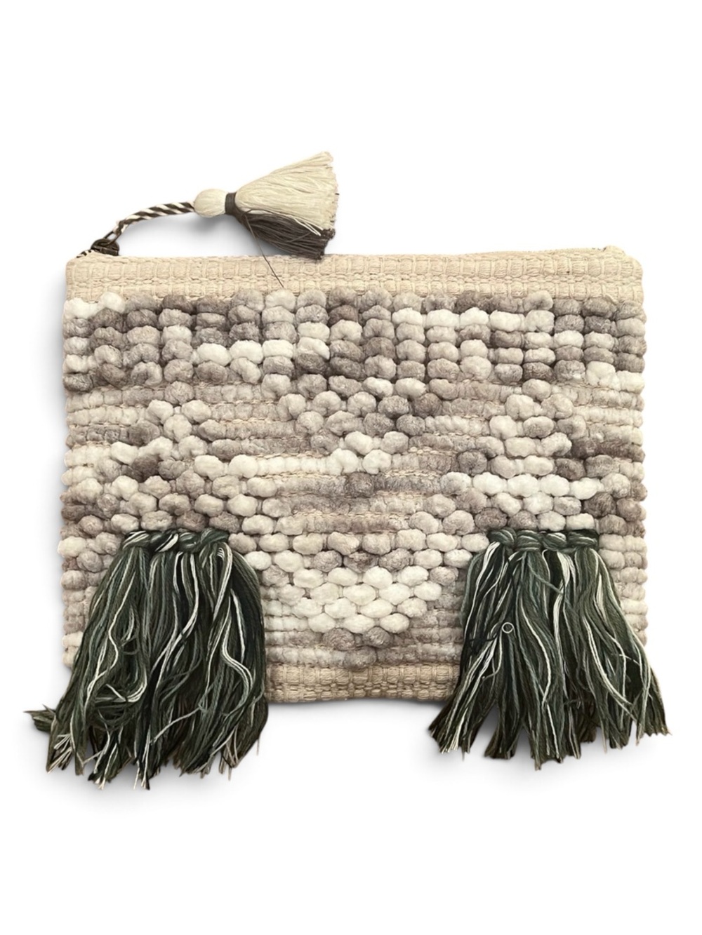 Universal Thread Boho Cream Gray Chunky Bobble Loop Knit Woven Tassel Clutch Pou